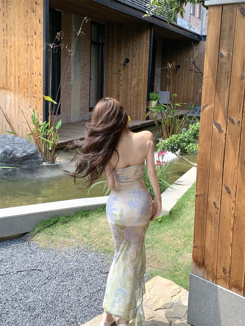 Green floral tube top dress sexy waist slim hip skirt R0626