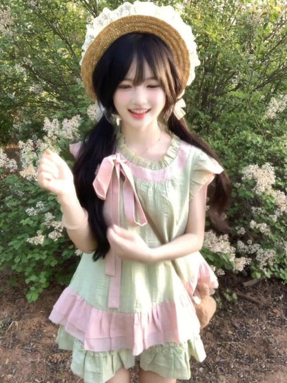 Pure outfit set casual green small flying sleeve top short skirt two-piece set R0834