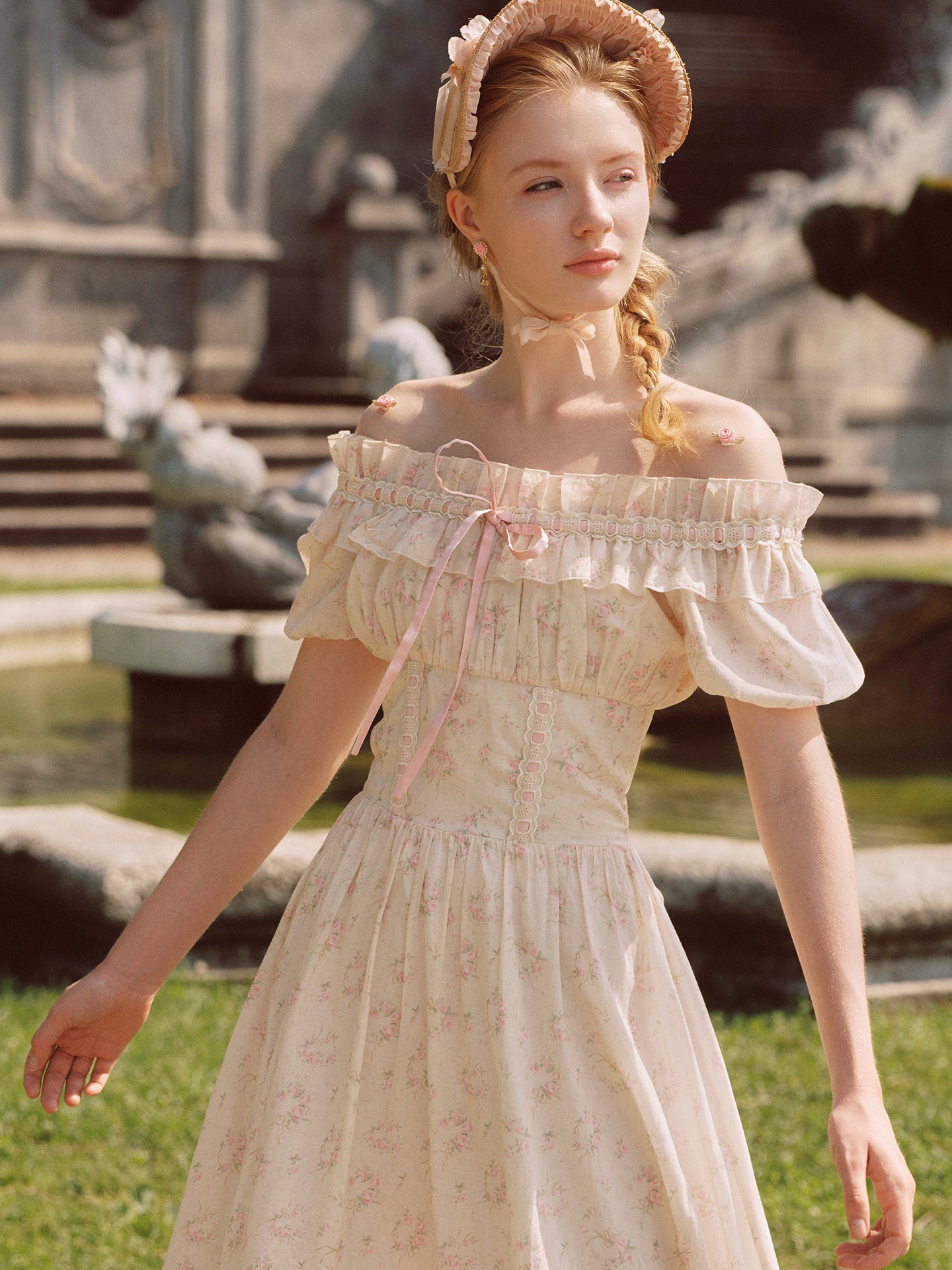 French pastoral style cake-style fishbone maxi dress with slim waist and cotton homecoming dress R5136