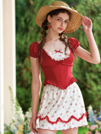 French style age-reducing college petite red short-sleeved top polka dot skirt suit homecoming dress R5142