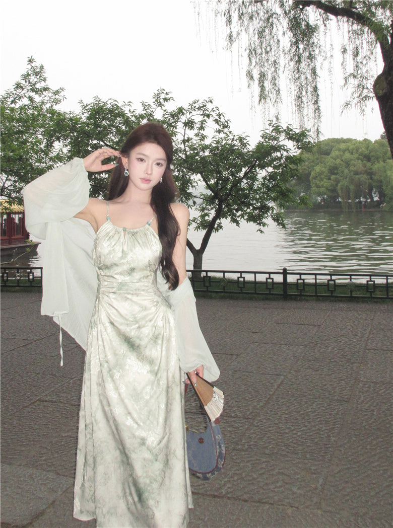Green suspender halter dress unique chiffon sunscreen cardigan two-piece set R0616