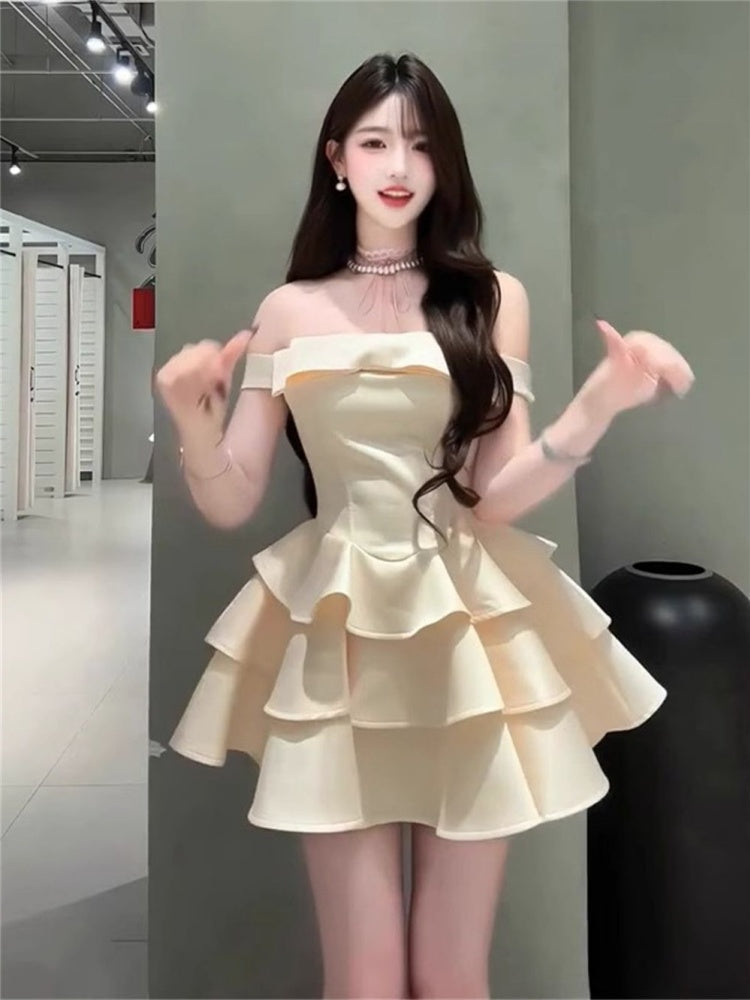 Princess Tutu Summer French Thousand Gold Bow One Shoulder Light Luxury Dress Homecoming Dress R3022