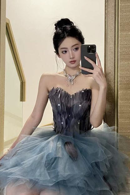 New slim fit feather evening dress prom dinner annual party tutu short homecoming dress R3012
