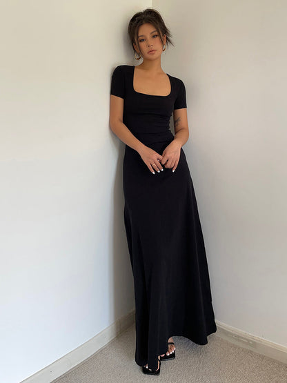 Summer French Square Neck Dress Slim Fit Short Sleeves Knee-Length Temperament Long Dress R3028