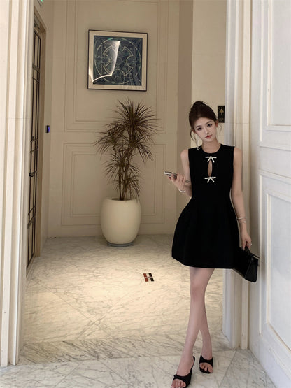 Temperament little black dress bow vest dress waist A-line small dress R0536
