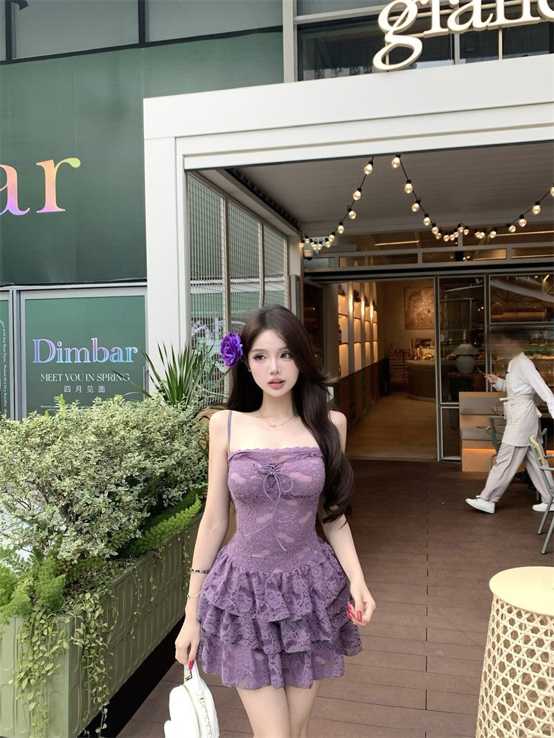 Sexy purple suspender dress with elegant waist and slimming A-line short skirt R0541