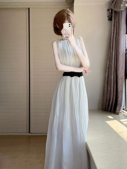 Gentle style white sleeveless chiffon dress temperament waist A-line long skirt R0743
