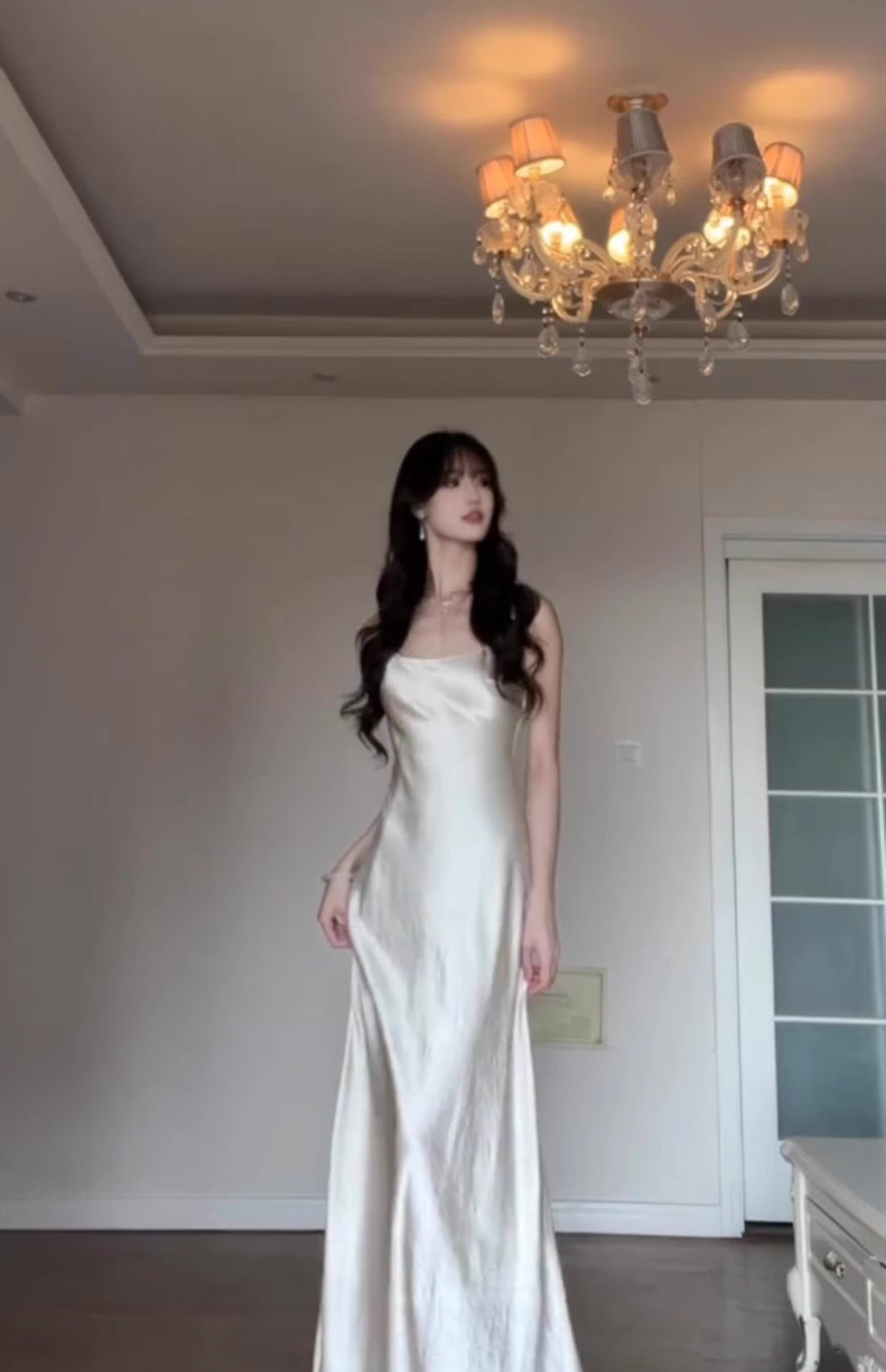 Satin suspender dress unique waist backless banquet dress R0512