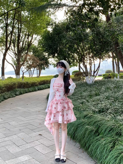 Gentle temperament sling floral dress beautiful waist A-line short skirt R0764