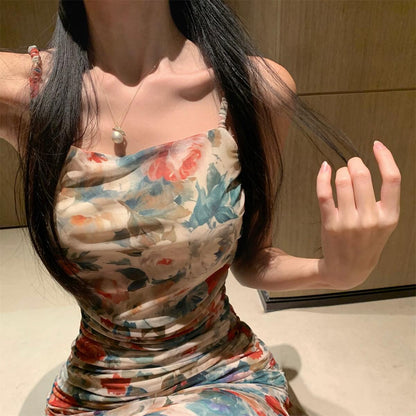 Retro floral suspender dress beautiful waist hip skirt R0657