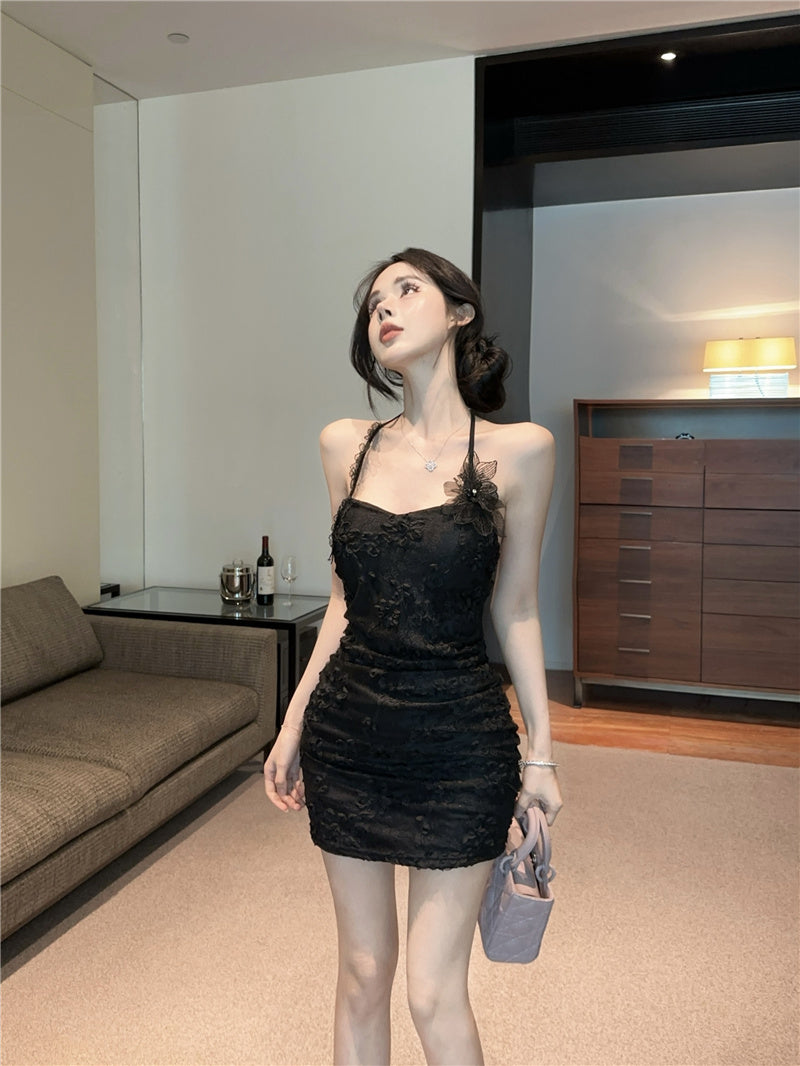 Pure lace halter neck three-dimensional flower sling dress beautiful summer hip skirt R3395
