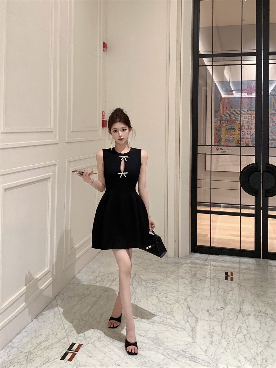 Temperament little black dress bow vest dress waist A-line small dress R0536