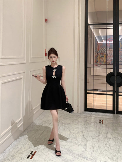 Temperament little black dress bow vest dress waist A-line small dress R0536