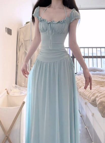 Mint green halter dress with waist and beautiful small skirt R0569