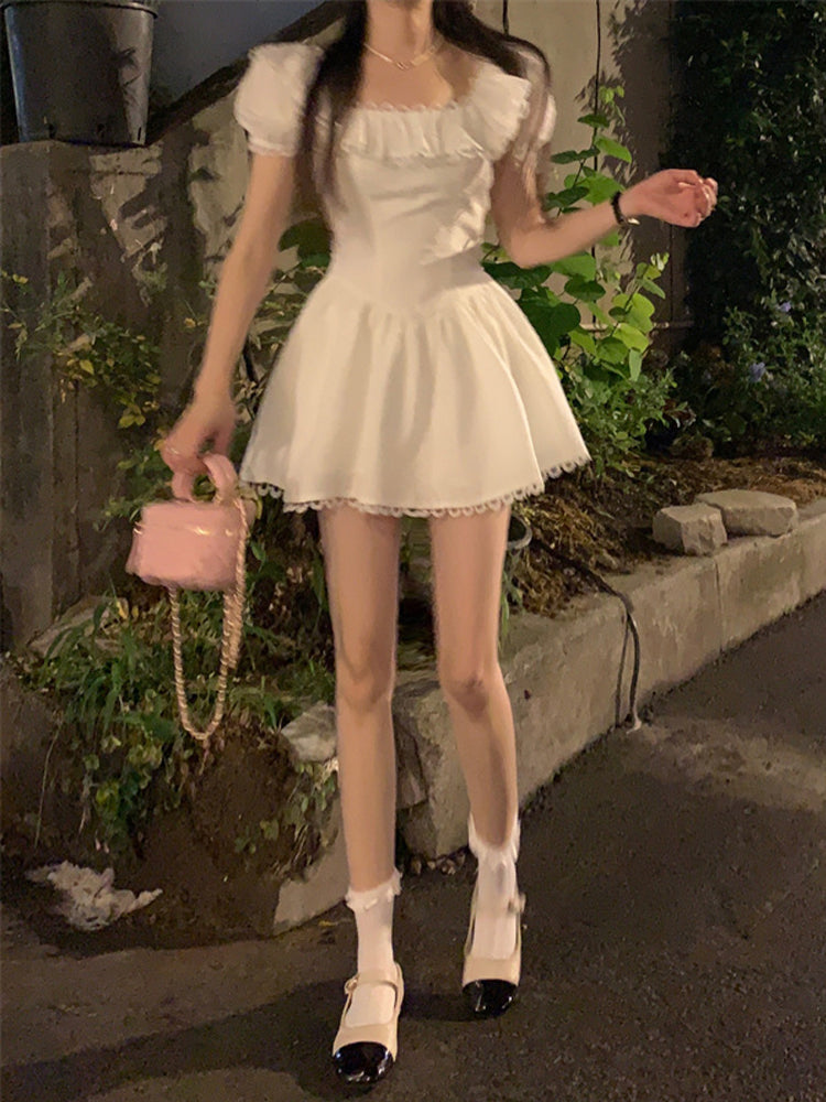 2025 new white short skirt women's French square neck puff sleeve dress waist slimming R0119