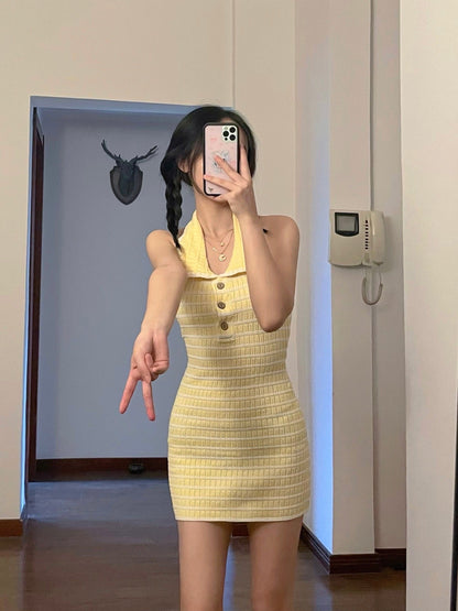 Sweet and salty hot girl backless knitted skirt female summer sweet polo dress waist skirt R0133