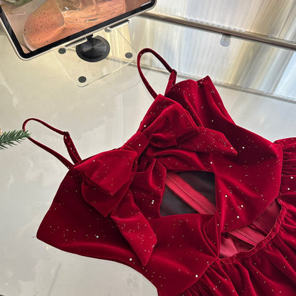 Cute Spaghetti Straps Red Ruffles Velvet Summer Dress 3 Pieces Holiday Party Outfits For Women DP0092