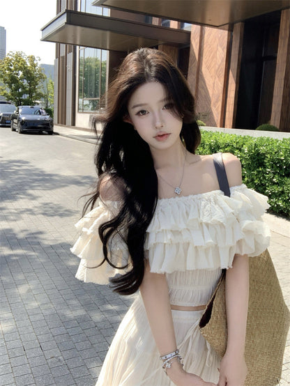 Summer beautiful one-shoulder short top a-line skirt beautiful two-piece suit R0853
