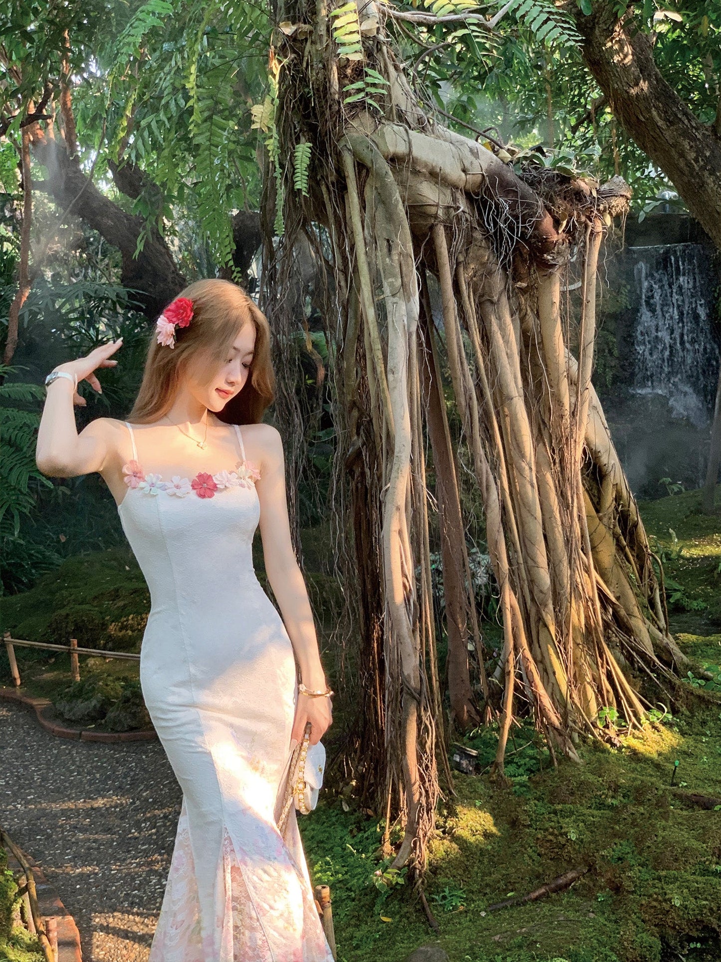 Summer fishtail design floral long skirt with suspenders for holiday R3868