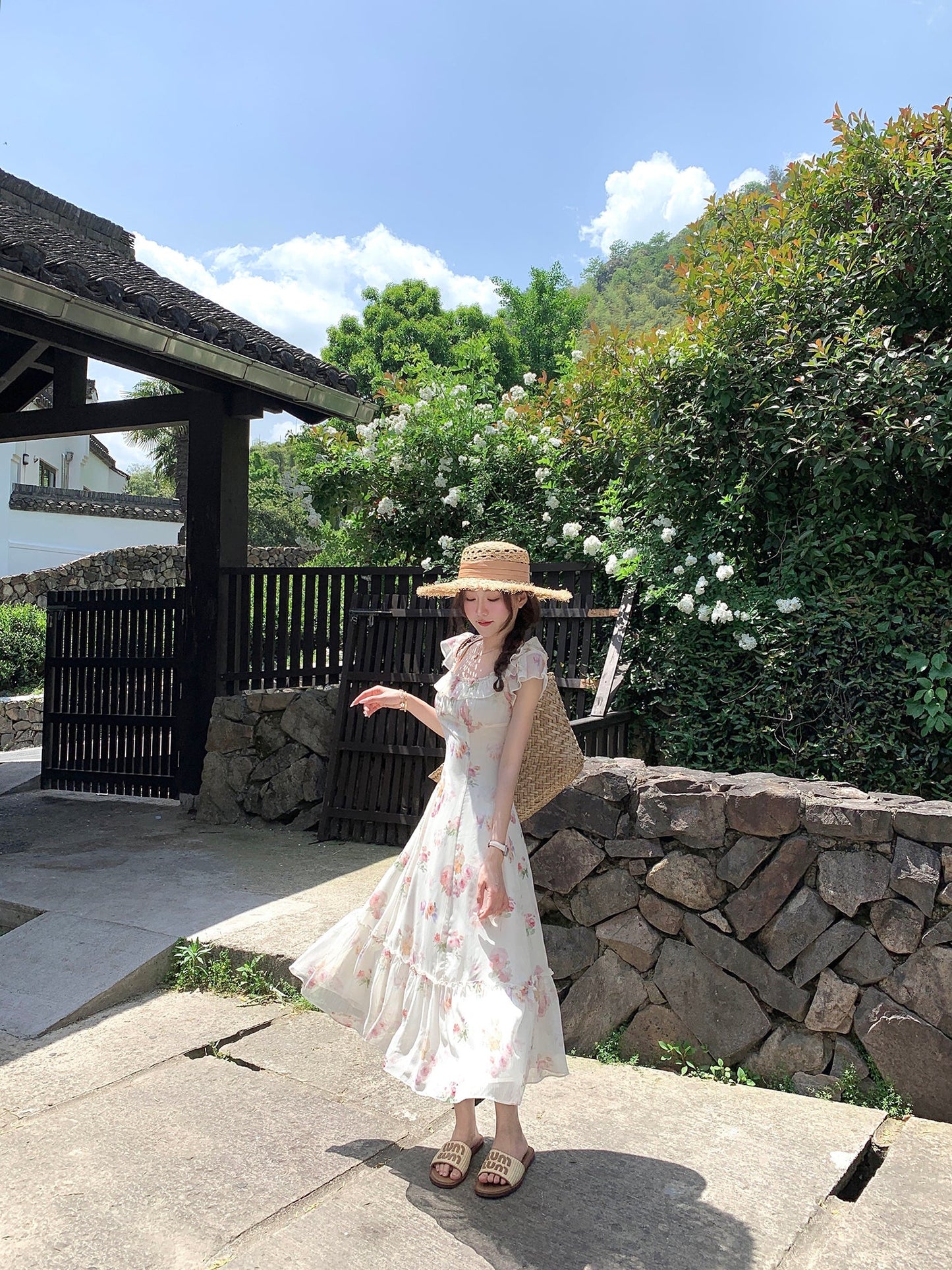 French romantic floral dress women's summer unique beautiful long dress R3870