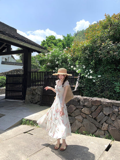 French romantic floral dress women's summer unique beautiful long dress R3870