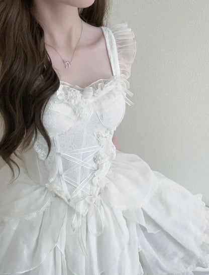 French Ball Gown Straps Short Tulle White Lolita Dresses Party Dress Birthday Outfits