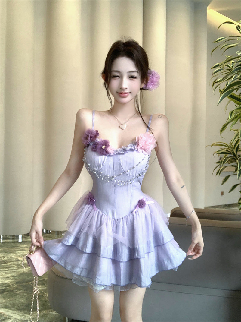 Purple suspender dress 2025 new style waist slim cake short skirt R0667