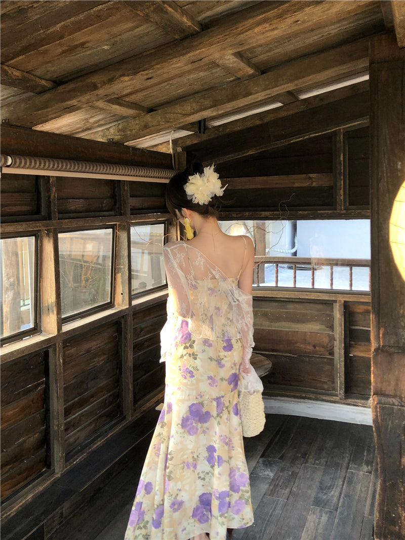 Beautiful floral fishtail suspender long dress slim hip dress R0628