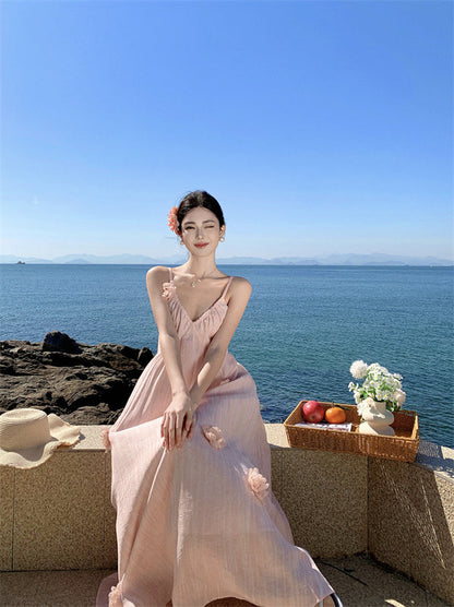 Pink flower suspender dress beautiful small skirt temperament long skirt R0521