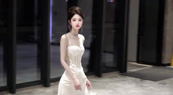 Temperament suspender dress lace patchwork waist slim banquet dress skirt R0519