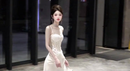 Temperament suspender dress lace patchwork waist slim banquet dress skirt R0519