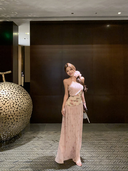 Gentle style pink floral hollow one-shoulder dress with waist A-line long skirt R0612