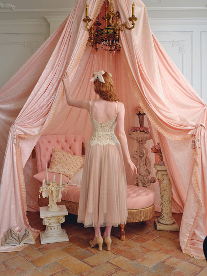 French sweet lace pink mesh fish bone suspender dress fairy dress homecoming dress R5140
