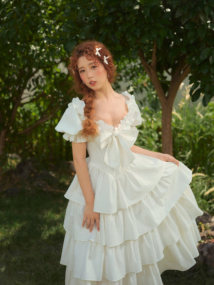 French-style waist white long dress puff sleeve cake dress homecoming dress R5157