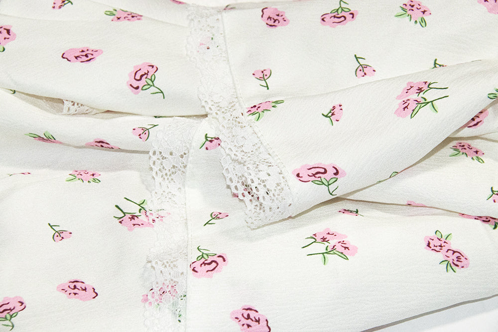 White floral suspender dress with slim waist and princess puffy skirt R0004