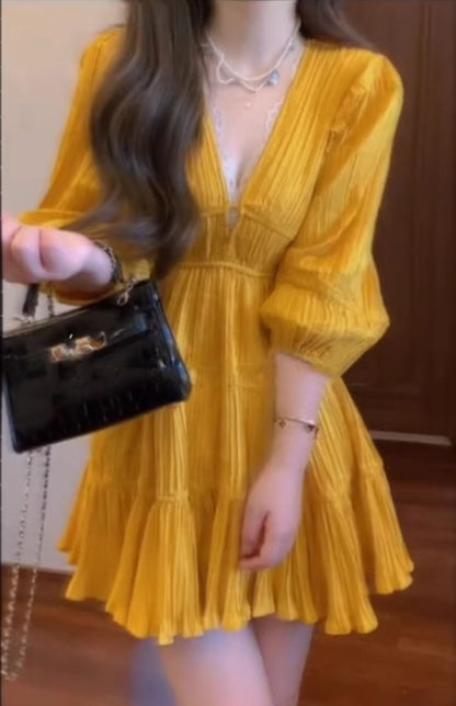 Yellow v-neck dress new style seaside holiday temperament waist a-line skirt R0678