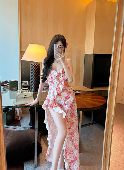 Tea break French v-neck floral suspender dress gentle temperament waist slit skirt R0619