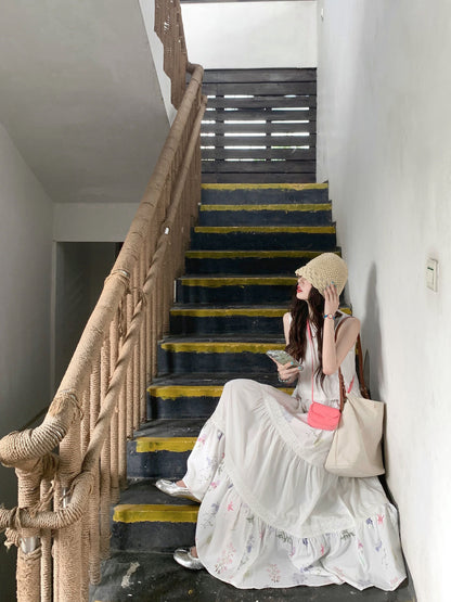 Sleeveless vest floral dress 2025 new gentle temperament loose A-line long skirt R0623