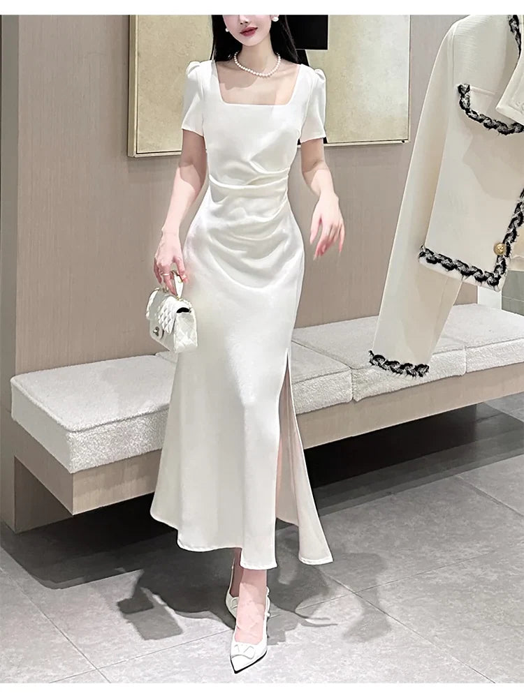 White short-sleeved dress elegant engagement dress satin long dress    S5953