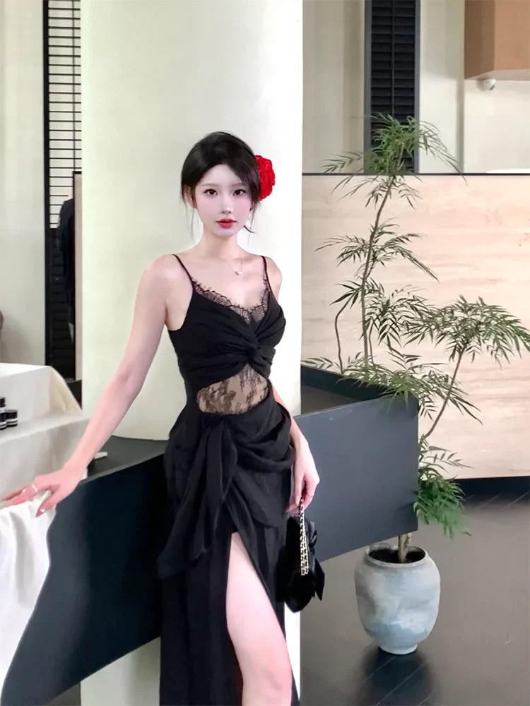 Black retro lace dress summer party dress    S6052