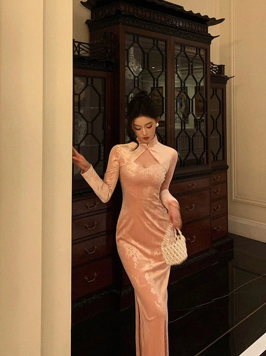 velvet cheongsam dress pink mermaid dress      S5552