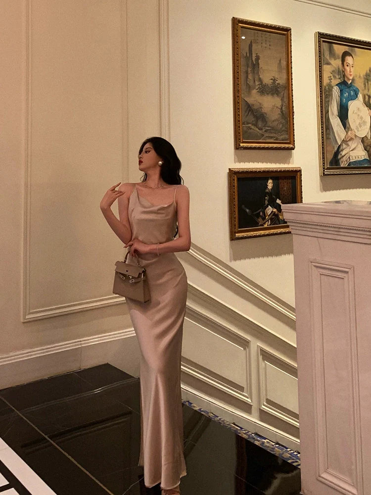 new style slit satin long dress party dress     S5704