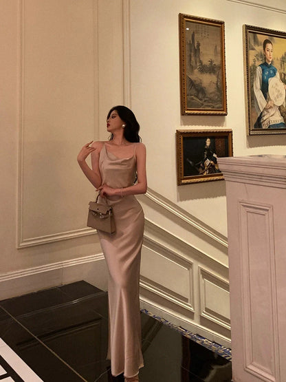 new style slit satin long dress party dress     S5704