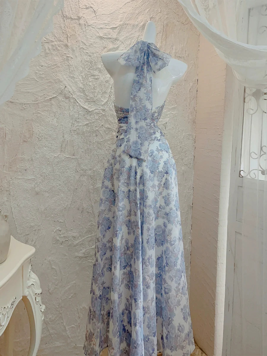 Halter neck printed floral dress long evening party dress     S5985