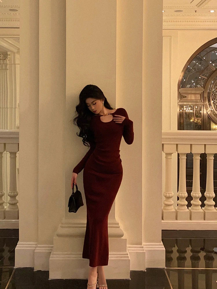 Red long-sleeved knitted dress party dress     S5700