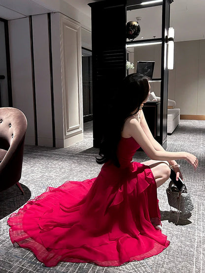 Design Red ruffled dress mermaid long party dress    S6047