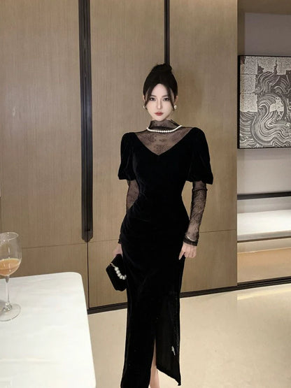 Black luxury dress velvet dress       S5834