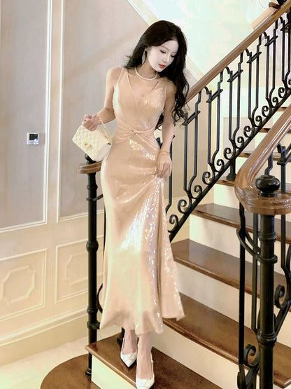 sequined dress V-neck long party dress     S6031