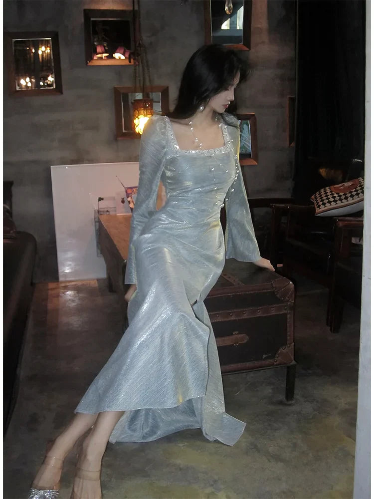 French square neck bubble long sleeve dress mermaid party dress    S6058