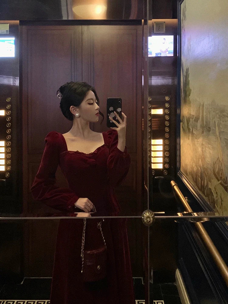Red square neck velvet dress new French style party dress     S5663